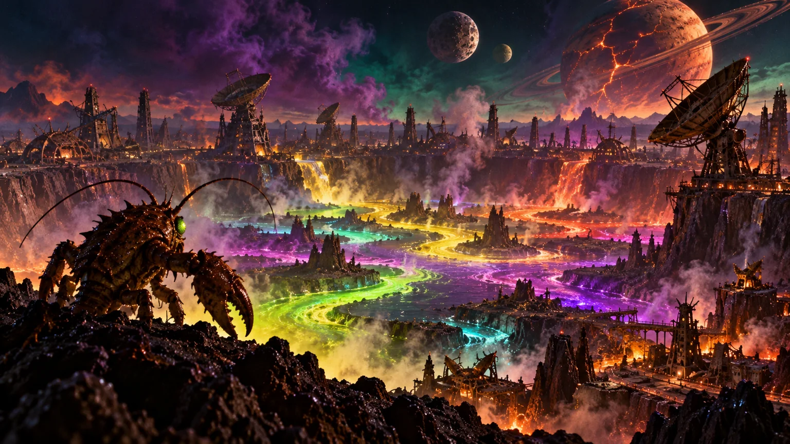 Seven luminous rivers meet in a black crater on Korrok among ruined aerials and alien moons.