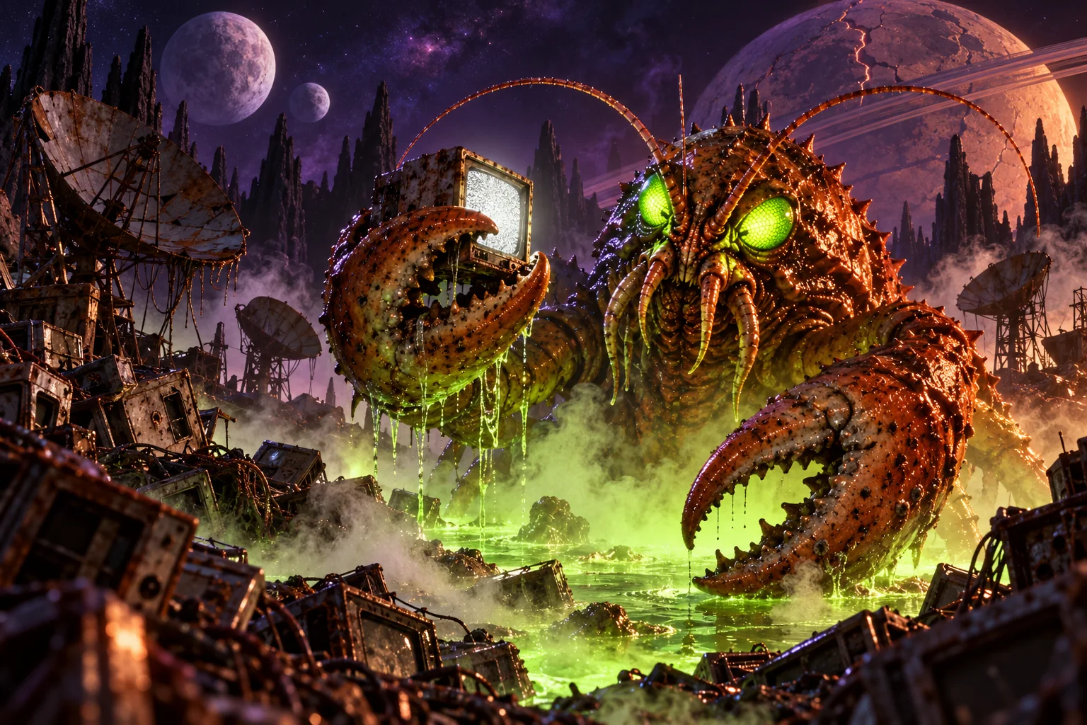 Kreba, a giant brown crustacean with green compound eyes, examines a small CRT television on Korrok.